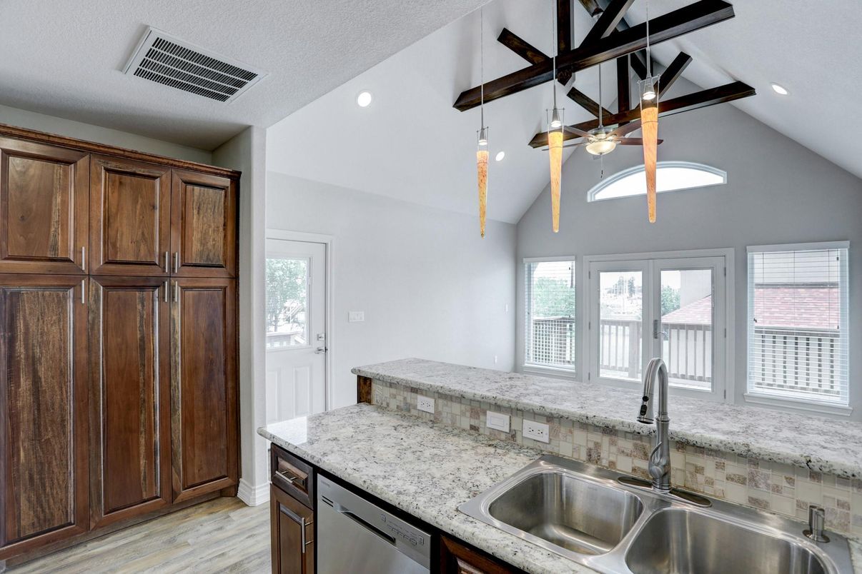 Interior, Kitchen, Pendant Lights, Recessed Lighting, Wood Texture Flooring