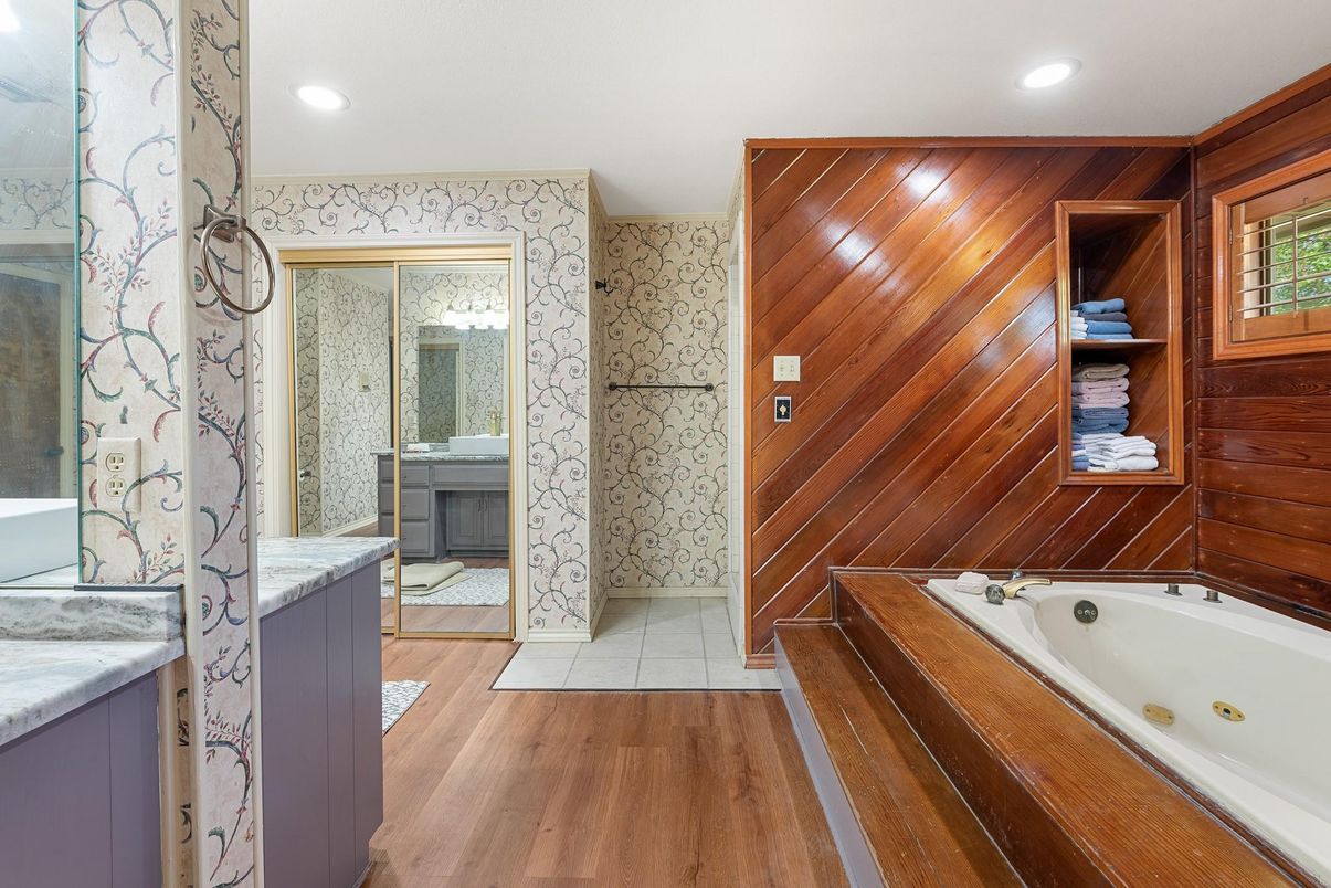 Bathroom, Interior, Recessed Lighting, Wood Texture Flooring, Wooden Walls