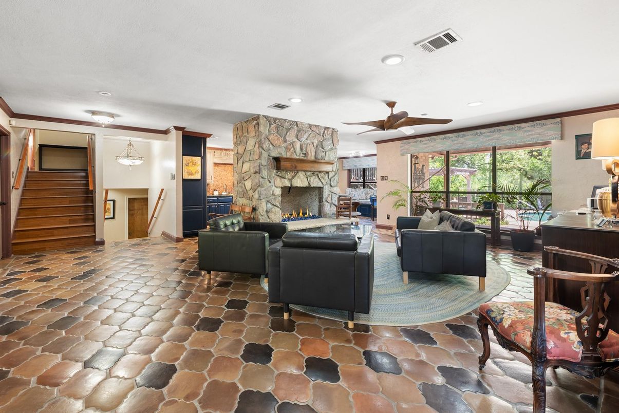 Fireplace, Interior, Living room, Recessed Lighting, Stone Walls