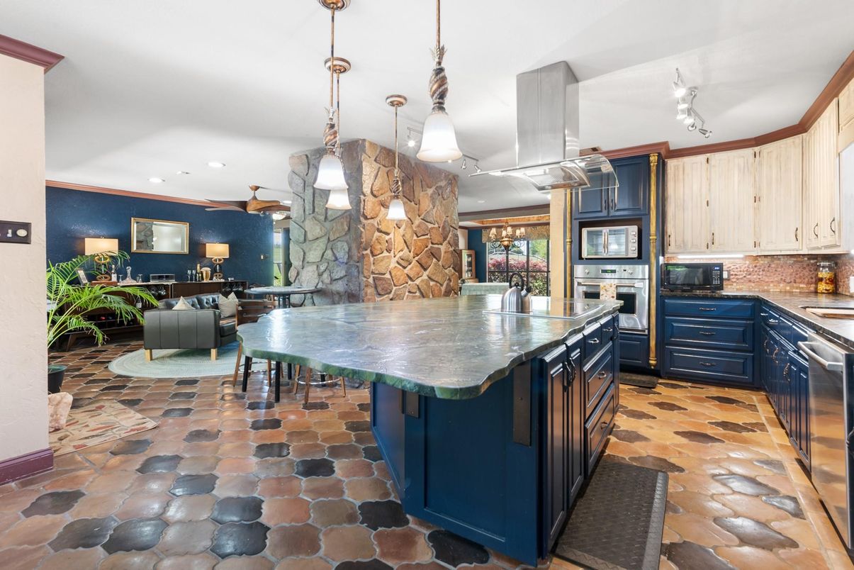 Dining room, Fireplace, Interior, Kitchen, Living room, Pendant Lights, Recessed Lighting, Stainless Steel Appliances, Stone Walls