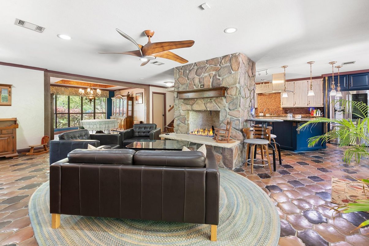 Dining room, Fireplace, Interior, Kitchen, Living room, Pendant Lights, Recessed Lighting, Stone Walls