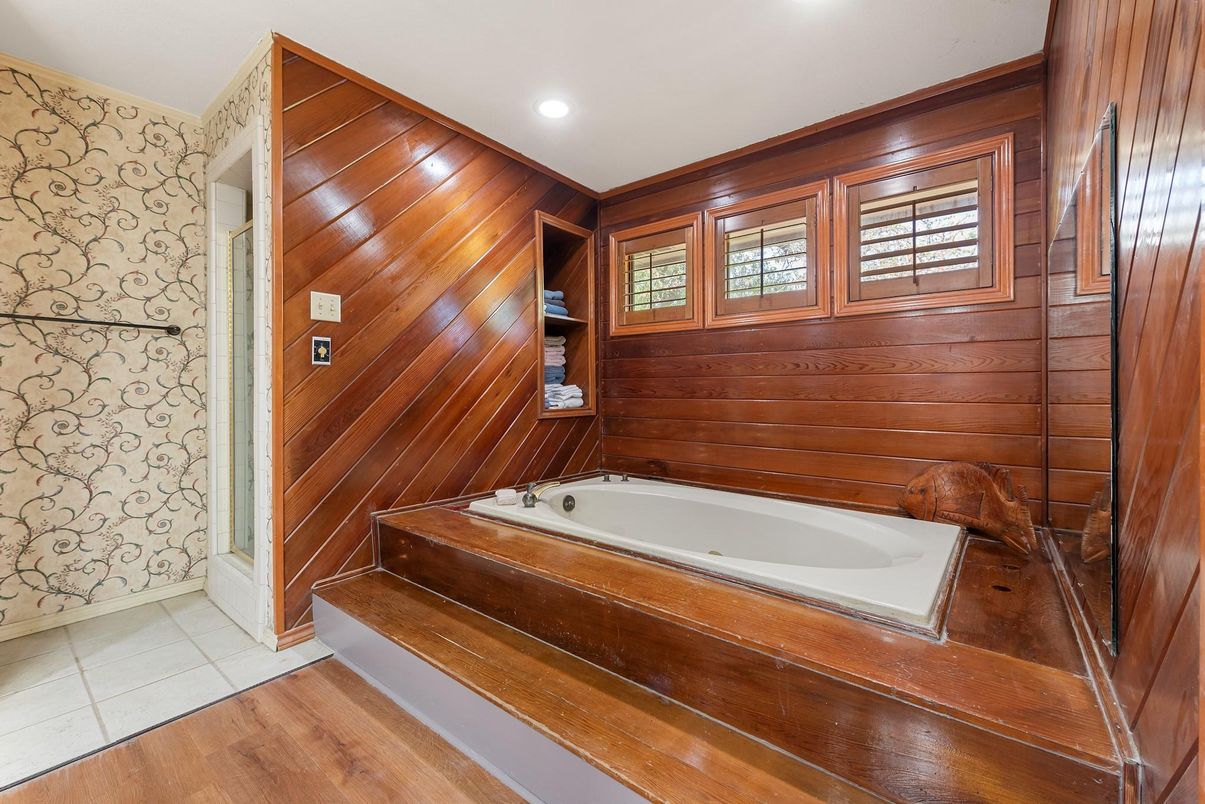 Bathroom, Interior, Recessed Lighting, Wood Texture Flooring, Wooden Walls