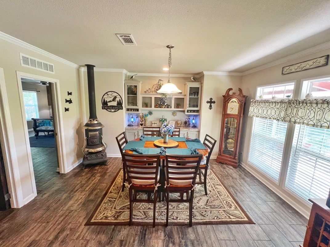 Dining room, Interior, Pendant Lights, Wood Texture Flooring