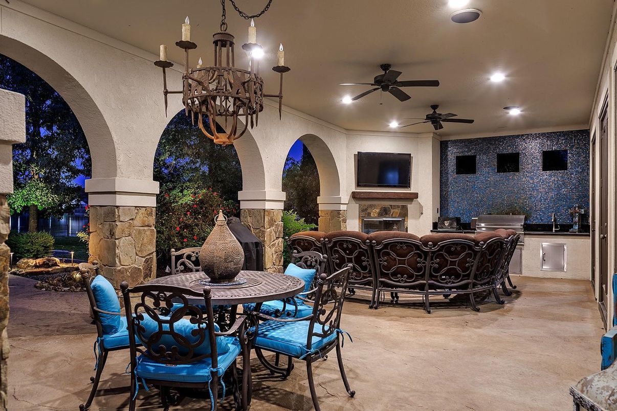 Chandelier, Dining room, Exterior, Fireplace, Interior, Recessed Lighting