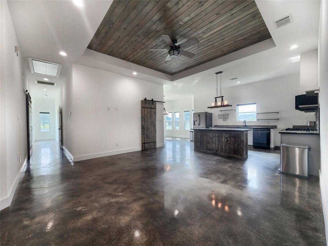 Empty room, Interior, Kitchen, Pendant Lights, Recessed Lighting, Wooden Ceilings