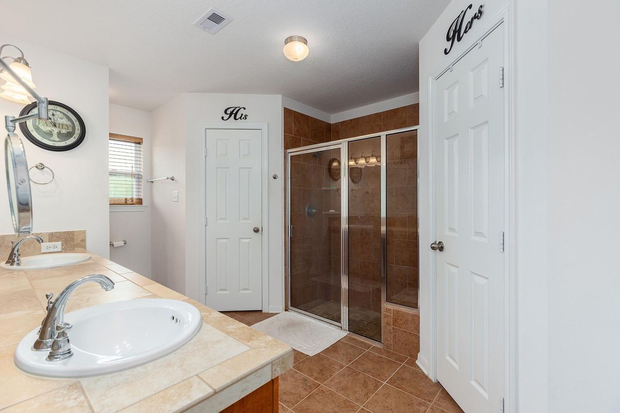 Bathroom, Dual Sink Vanities, Glass Shower, Interior, Tile Countertops