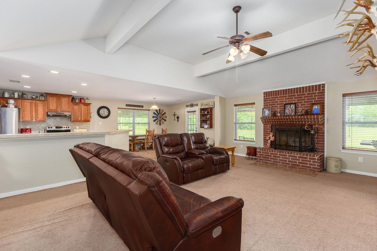 Dining room, Fireplace, Interior, Kitchen, Living room, Pendant Lights, Recessed Lighting, Stainless Steel Appliances
