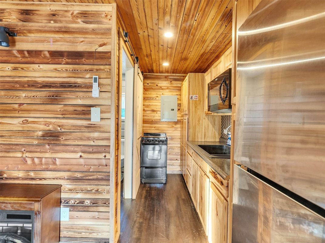 Interior, Kitchen, Recessed Lighting, Wooden Ceilings, Wood Texture Flooring, Wooden Walls