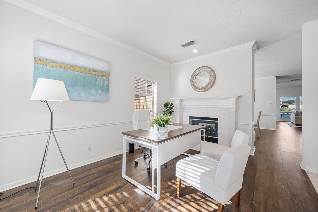 Fireplace, Home Office, Interior, Recessed Lighting, Wood Texture Flooring