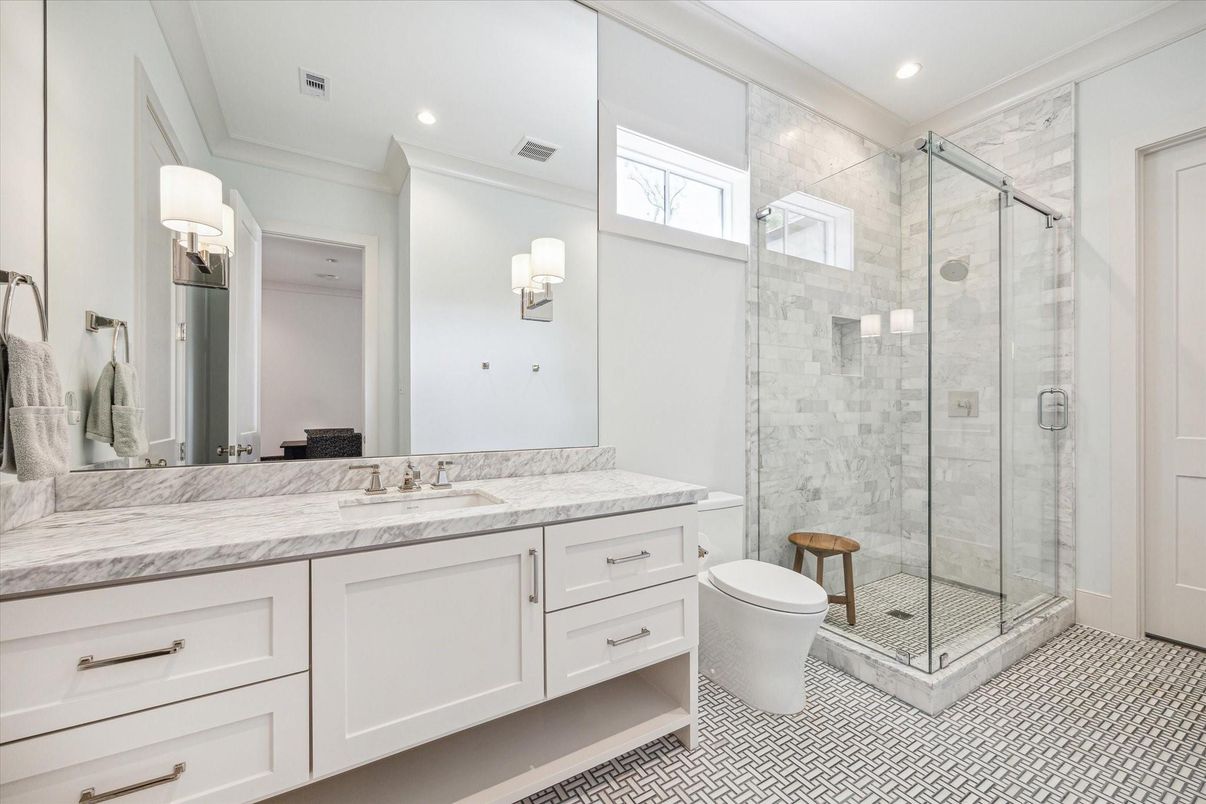 Bathroom, Dual Sink Vanities, Glass Shower, Interior, Recessed Lighting