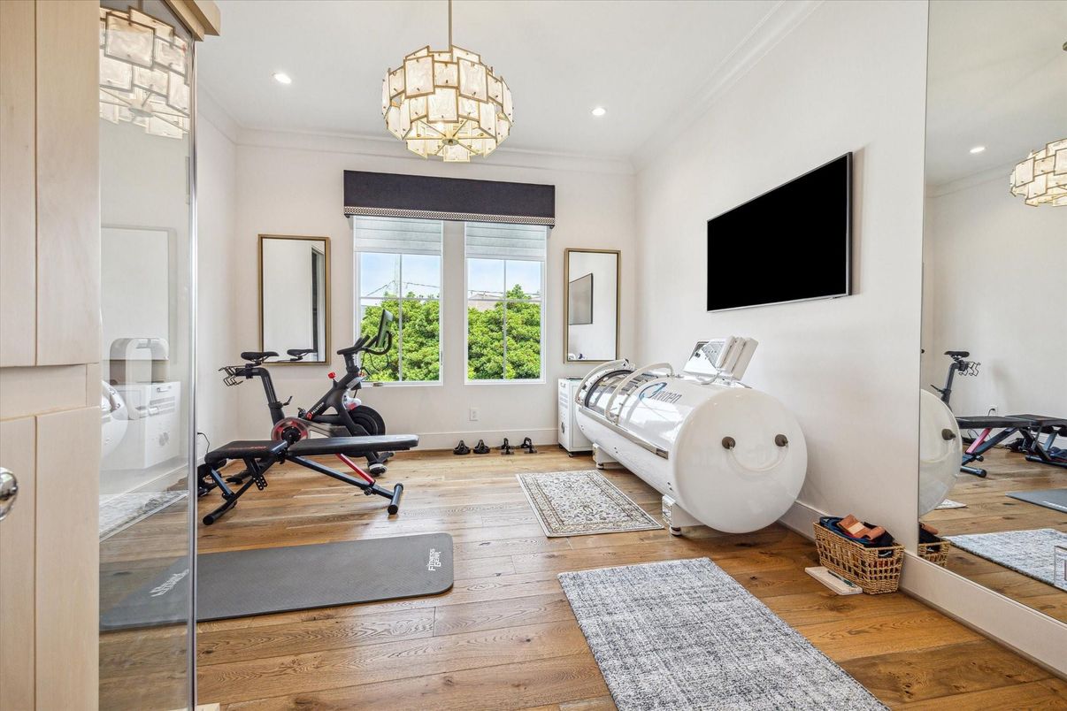 Chandelier, Fitness Equipment, Interior, Pendant Lights, Recessed Lighting, Wood Texture Flooring