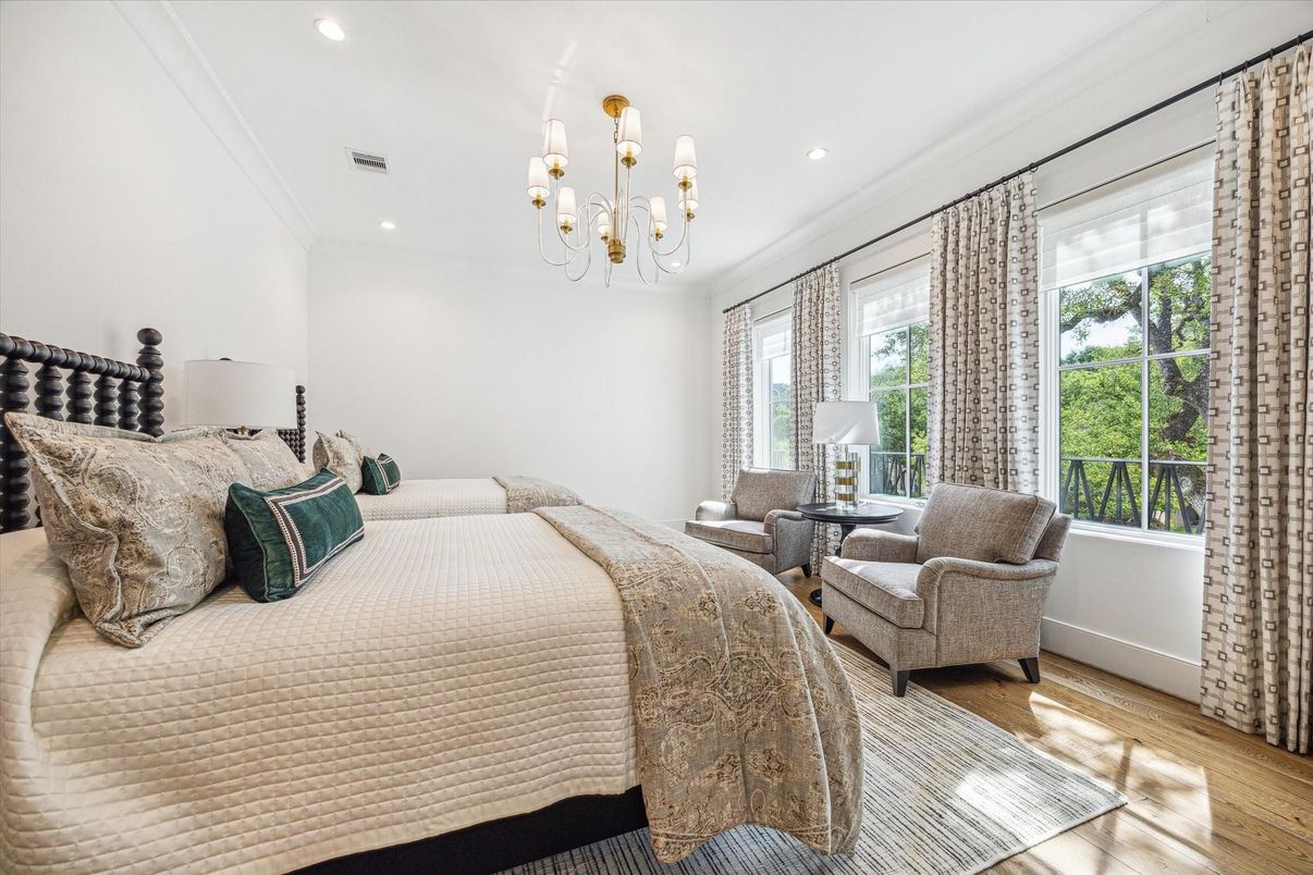 Bedroom, Chandelier, Interior, Recessed Lighting, Wood Texture Flooring