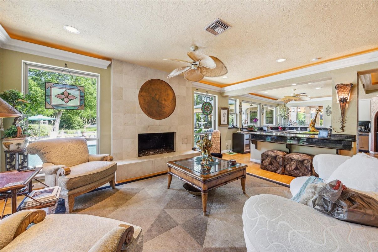 Fireplace, Interior, Living room, Recessed Lighting, Stone Walls