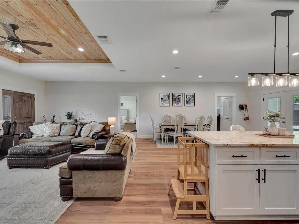 Dining room, Interior, Kitchen, Living room, Pendant Lights, Recessed Lighting, Wooden Ceilings, Wood Texture Flooring