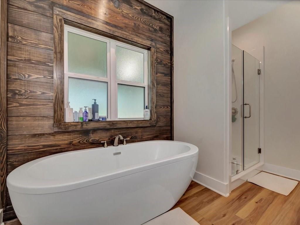 Bathroom, Free Standing Baths, Interior, Wood Texture Flooring, Wooden Walls
