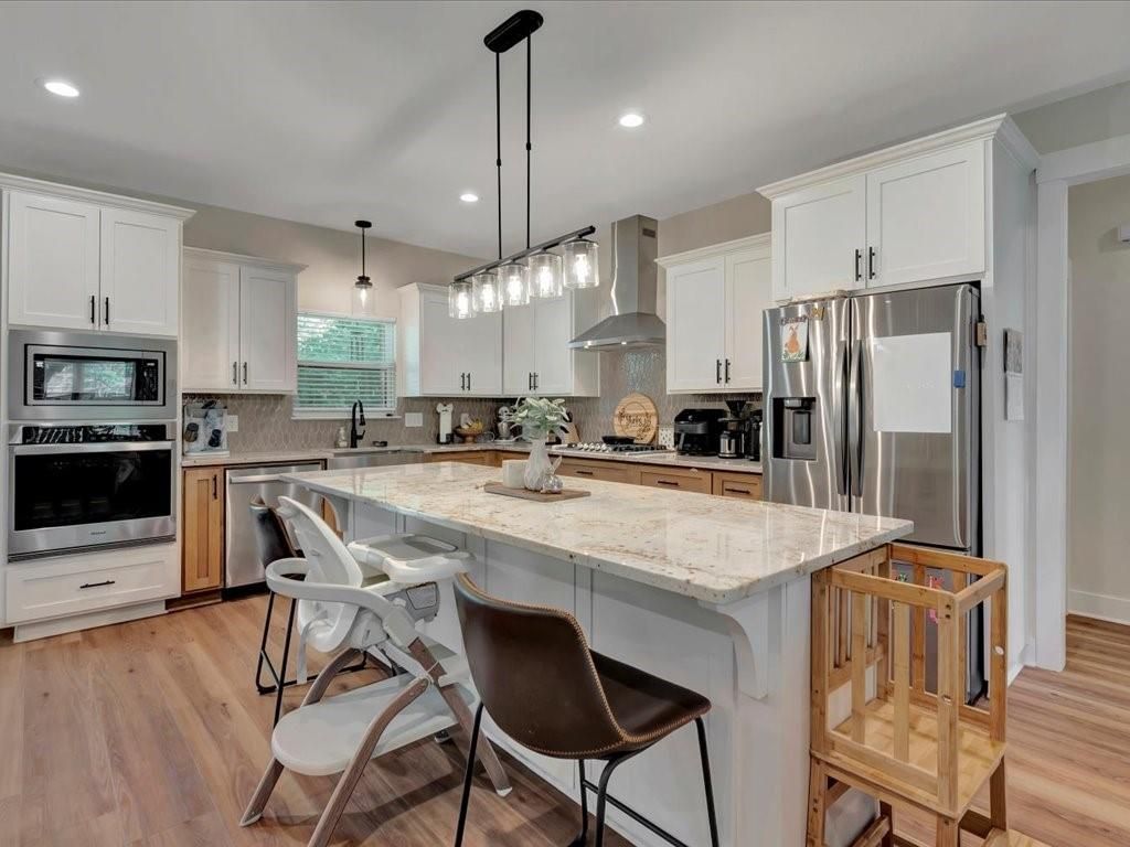Interior, Kitchen, Pendant Lights, Recessed Lighting, Stainless Steel Appliances, Wood Texture Flooring