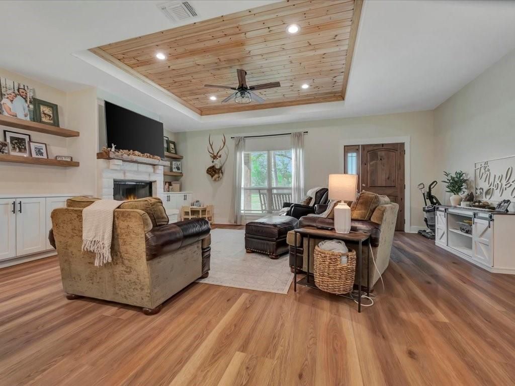 Fireplace, Interior, Living room, Recessed Lighting, Wooden Ceilings, Wood Texture Flooring
