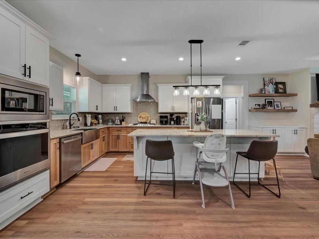 Interior, Kitchen, Pendant Lights, Recessed Lighting, Stainless Steel Appliances, Wood Texture Flooring