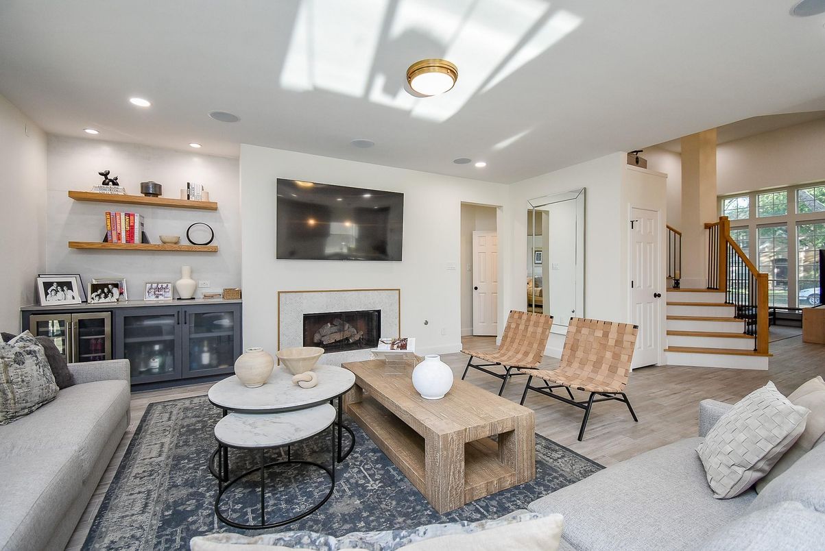 Fireplace, Interior, Living room, Recessed Lighting, Wood Texture Flooring