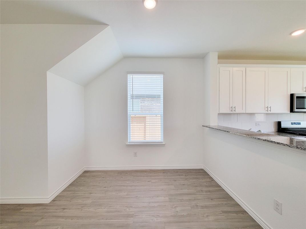 Empty room, Interior, Kitchen, Recessed Lighting, Wood Texture Flooring