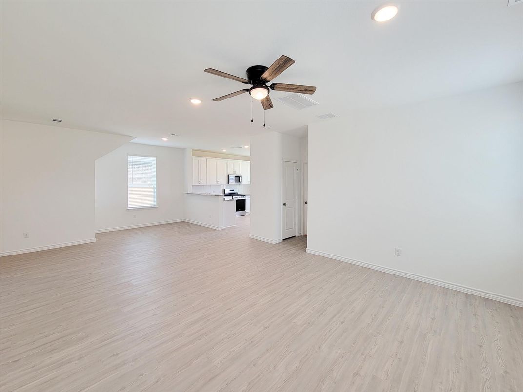 Empty room, Interior, Kitchen, Recessed Lighting, Wood Texture Flooring
