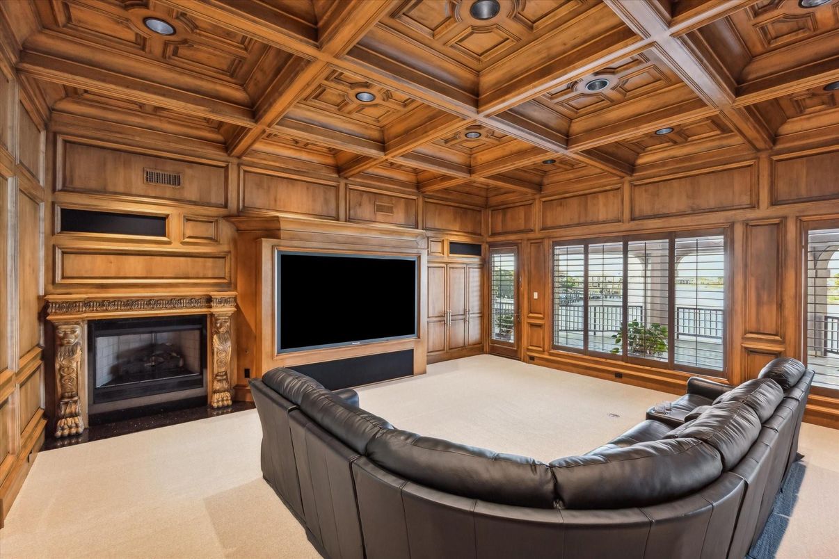 Fireplace, Interior, Living room, Recessed Lighting, Wooden Ceilings, Wooden Walls