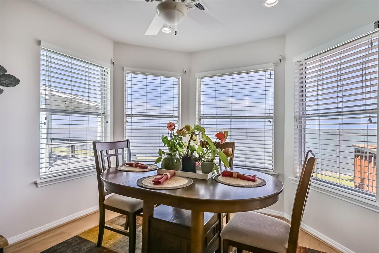 Dining room, Interior, Recessed Lighting, Wood Texture Flooring