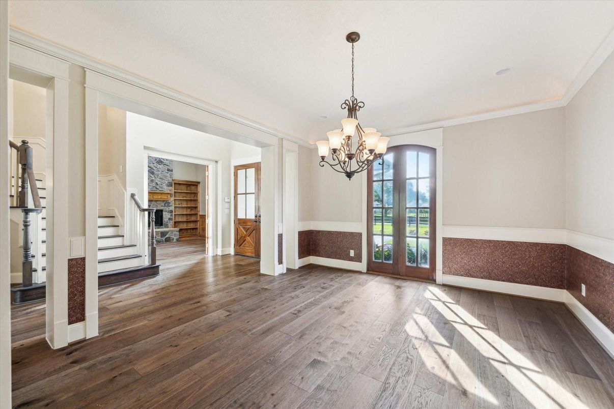 Chandelier, Empty room, Fireplace, Interior, Wood Texture Flooring