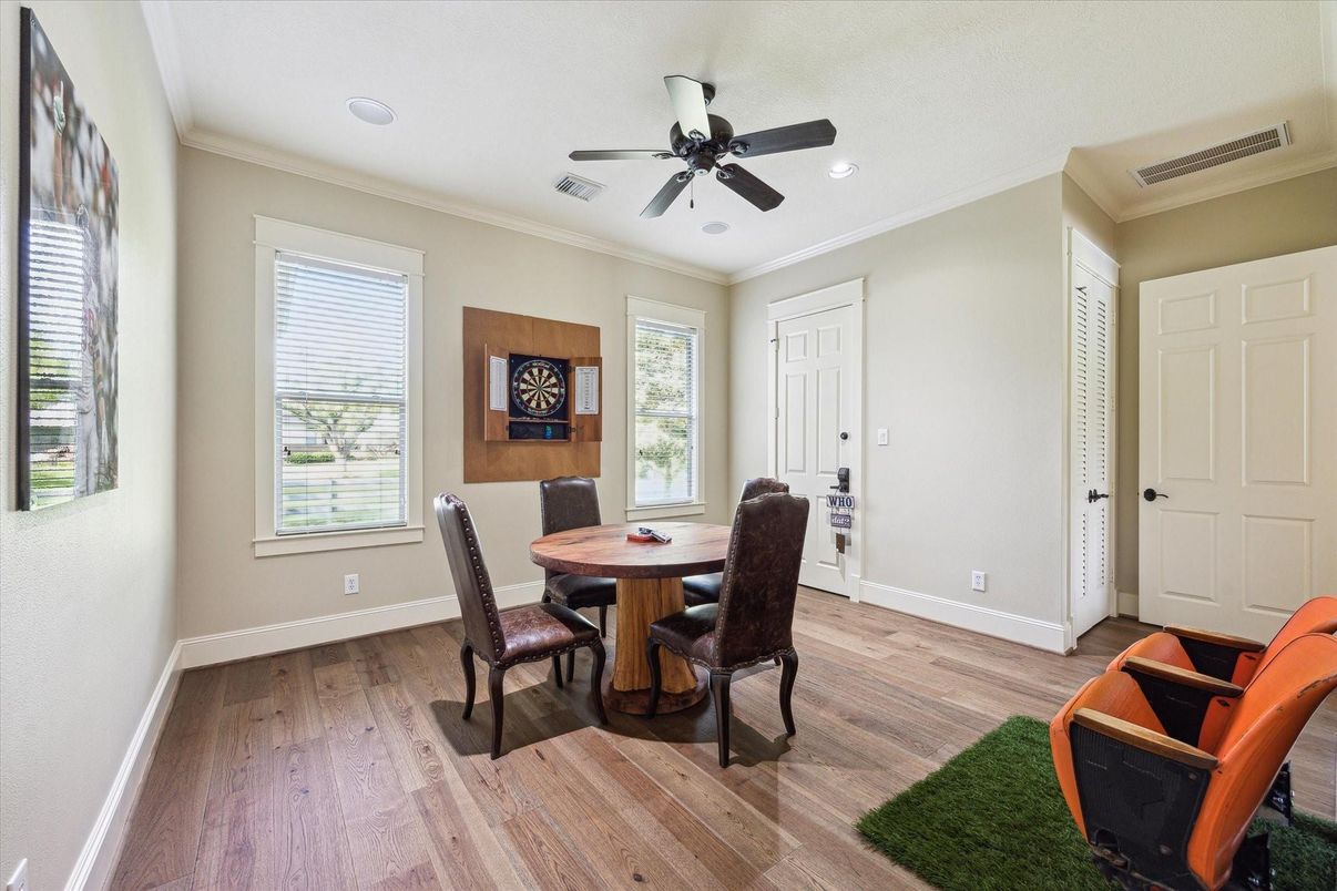Dining room, Interior, Recessed Lighting, Wood Texture Flooring