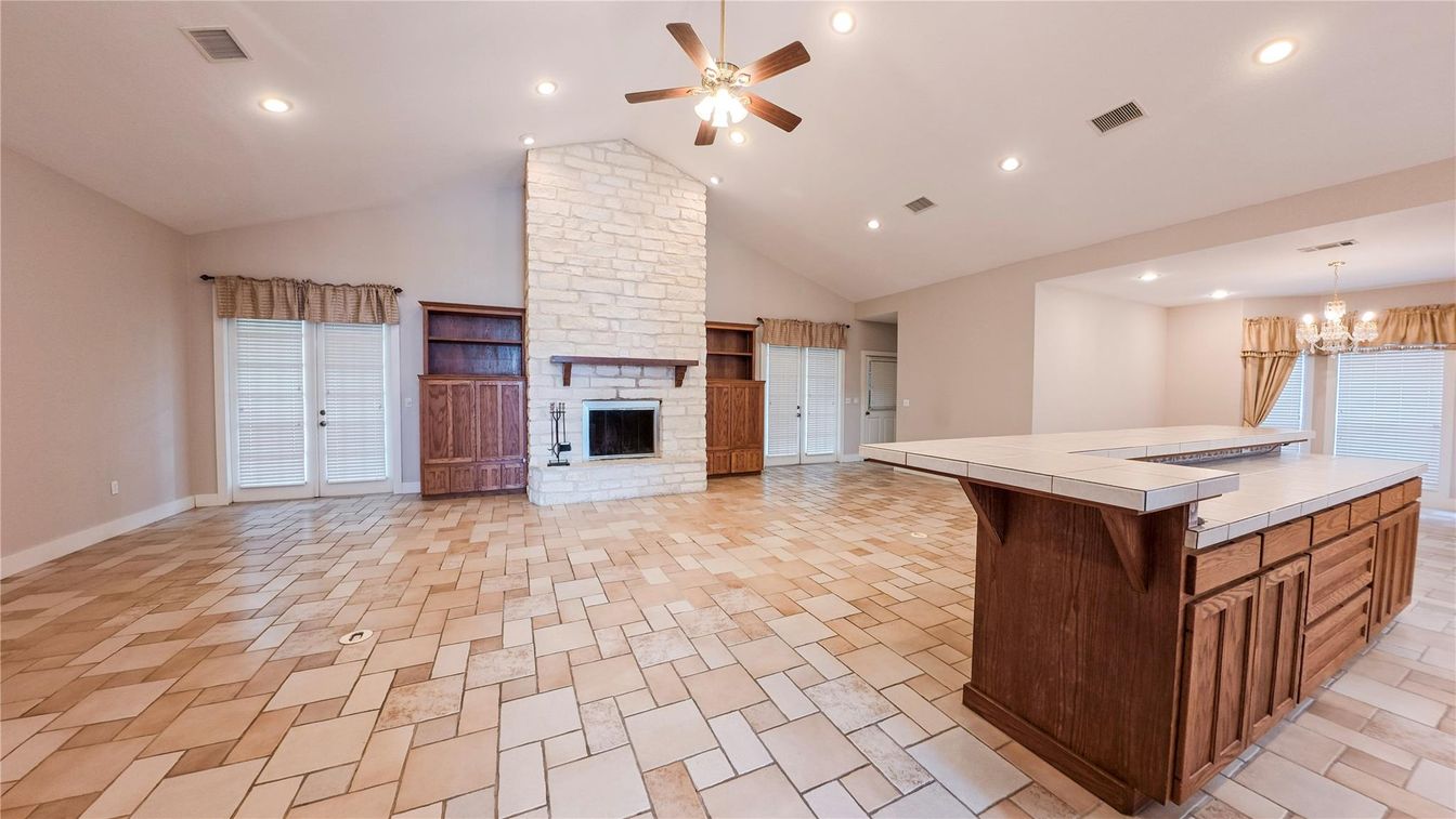 Chandelier, Empty room, Fireplace, Interior, Kitchen, Recessed Lighting