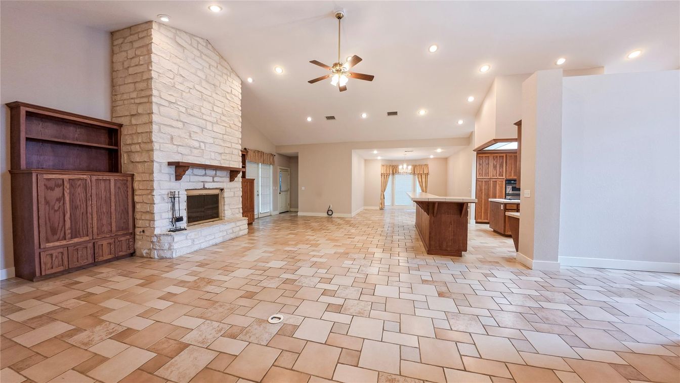 Fireplace, Interior, Recessed Lighting, Stone Walls