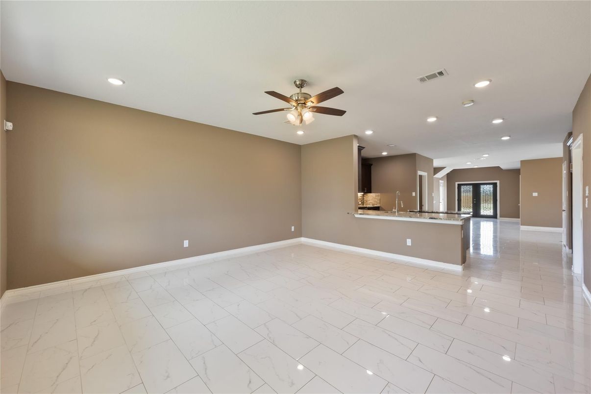Empty room, Interior, Kitchen, Marble, Recessed Lighting