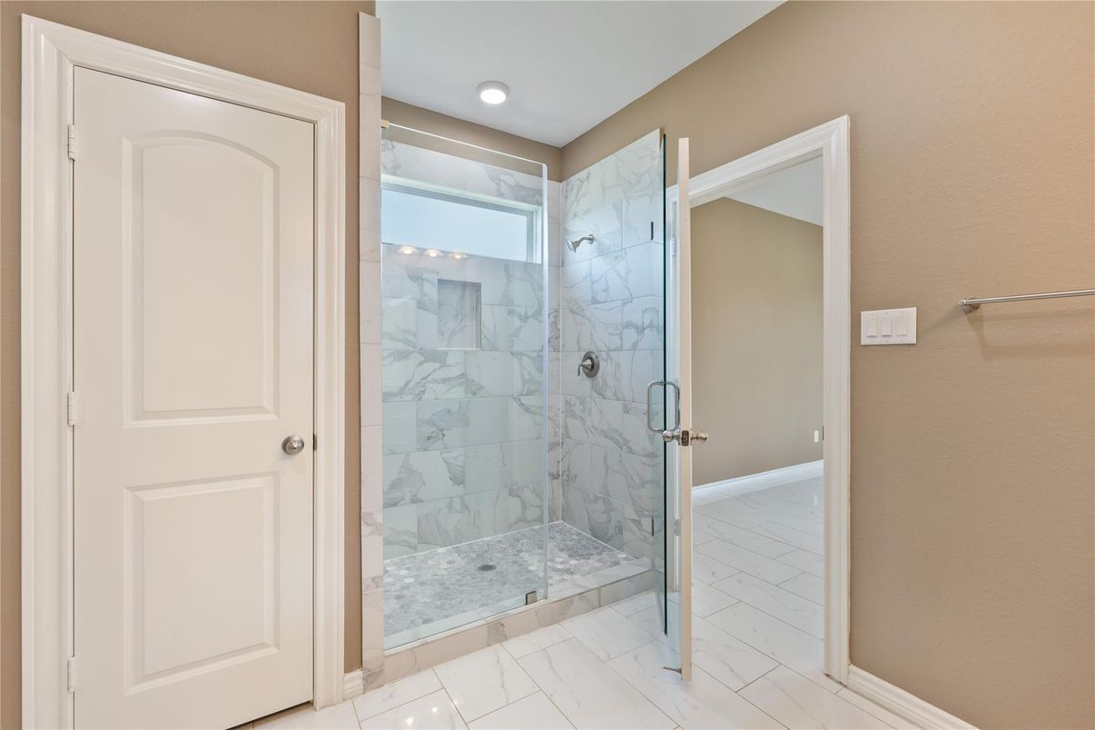 Bathroom, Glass Shower, Interior, Marble, Marble Walls, Recessed Lighting