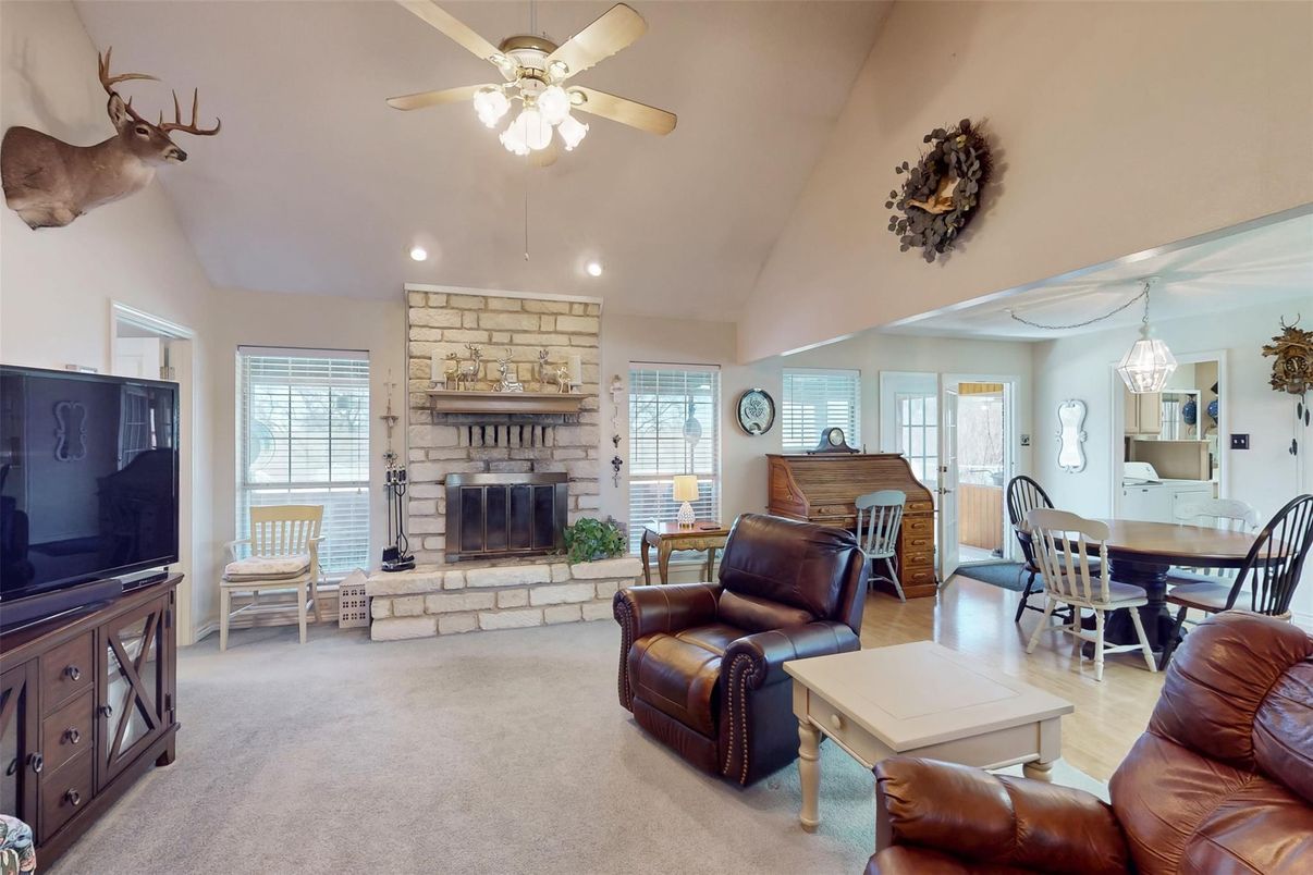 Dining room, Fireplace, Interior, Living room, Recessed Lighting, Stone Walls