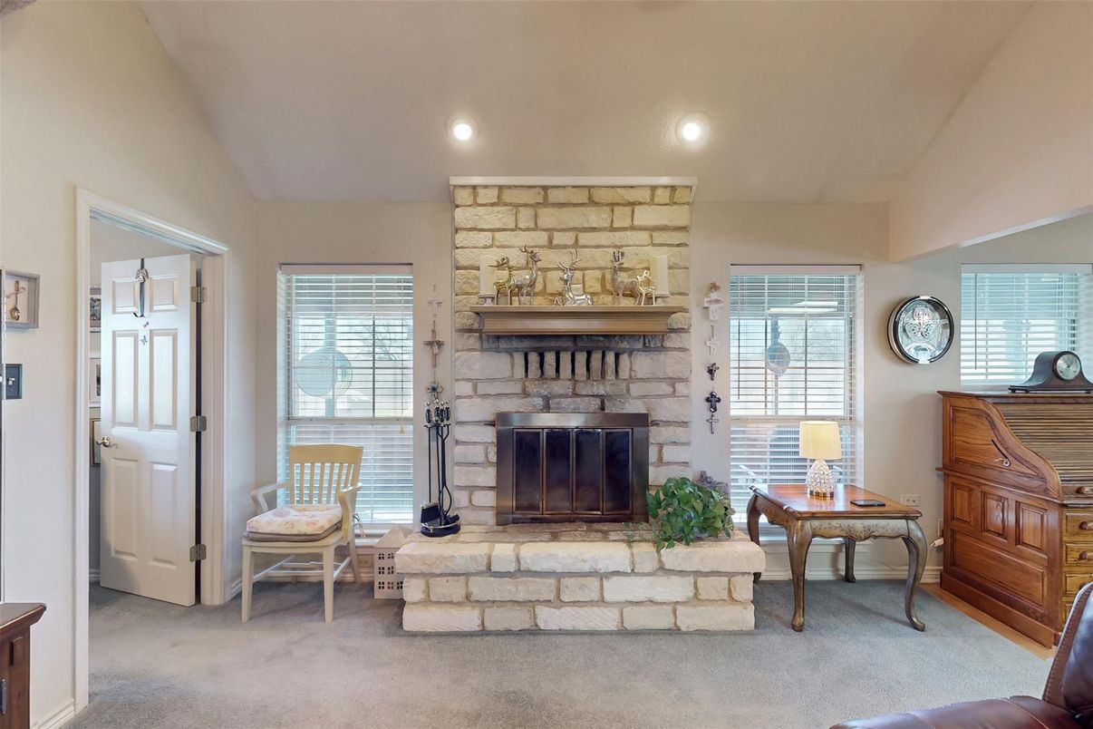 Fireplace, Interior, Recessed Lighting, Stone Walls