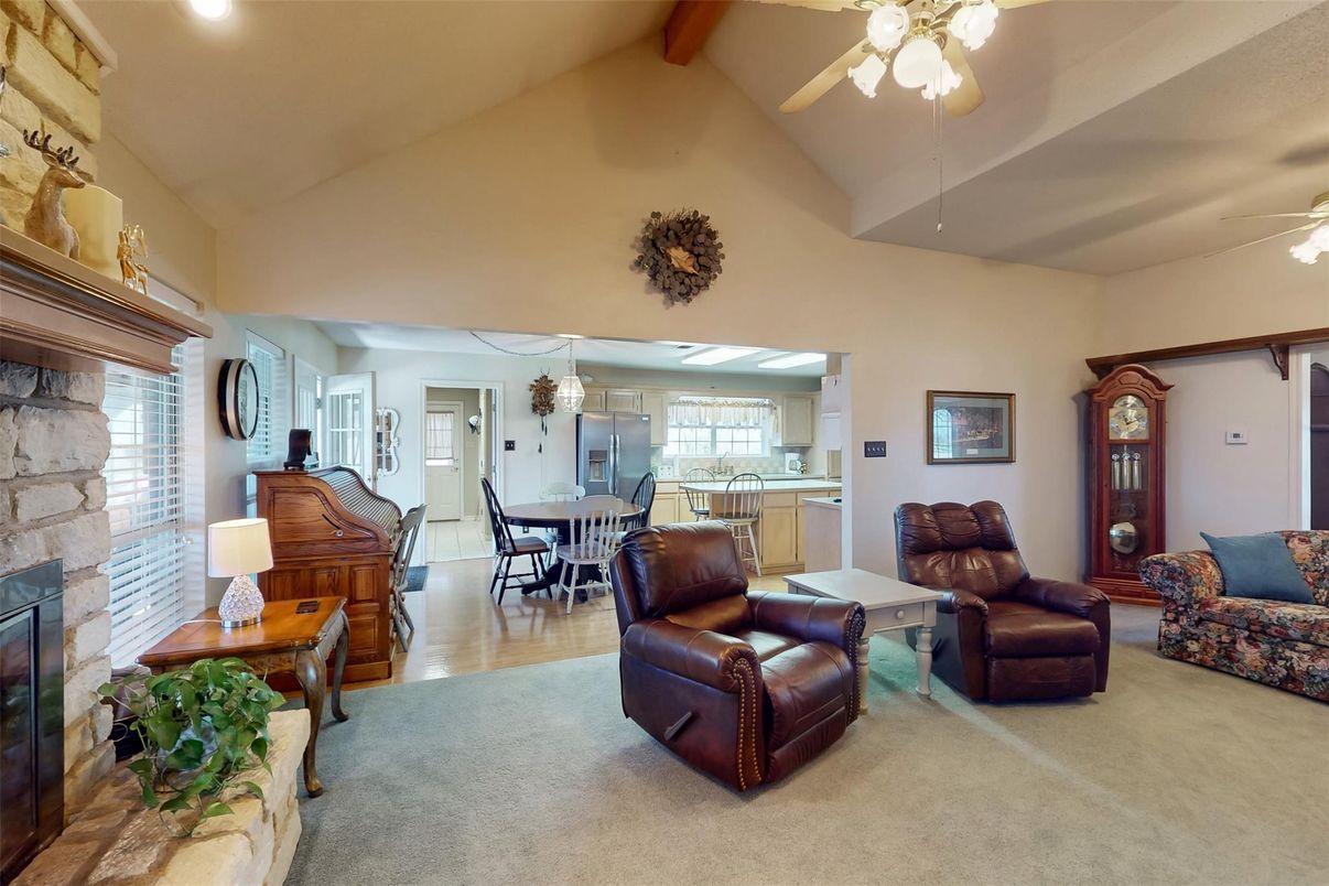 Dining room, Fireplace, Interior, Kitchen, Living room, Recessed Lighting, Stone Walls