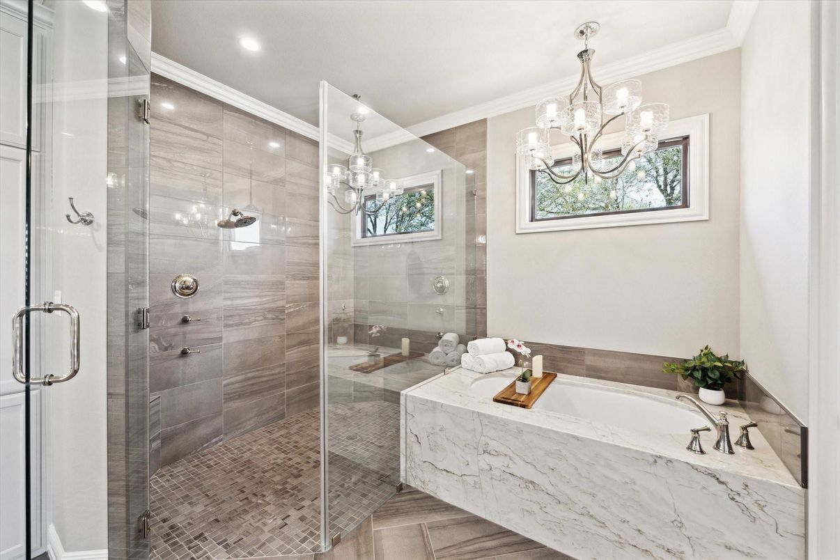 Bathroom, Chandelier, Glass Shower, Interior, Recessed Lighting, Wood Texture Flooring