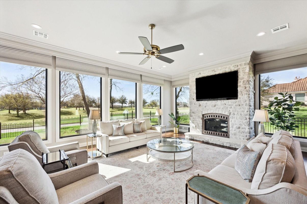 Fireplace, Interior, Living room, Recessed Lighting, Stone Walls