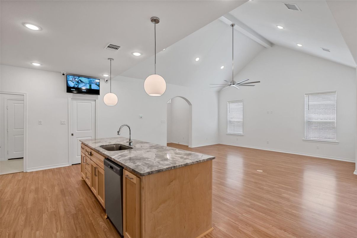 Interior, Kitchen, Pendant Lights, Recessed Lighting, Wood Texture Flooring