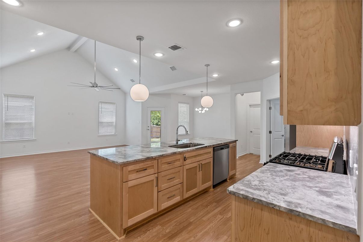 Interior, Kitchen, Pendant Lights, Recessed Lighting, Wood Texture Flooring
