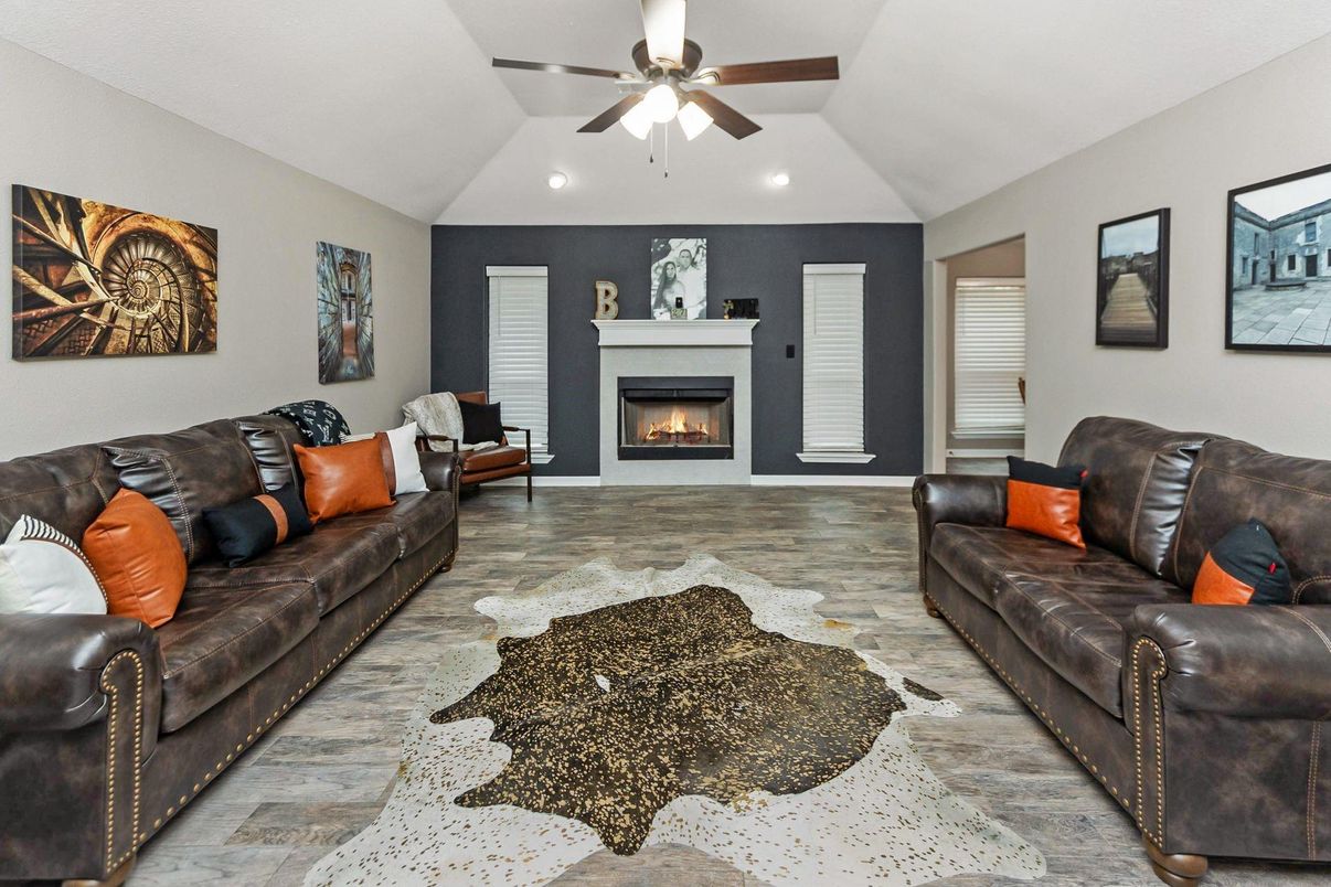 Fireplace, Interior, Living room, Recessed Lighting, Wood Texture Flooring