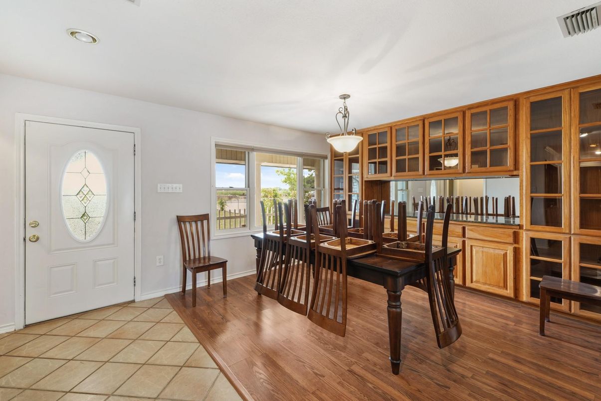 Dining room, Interior, Pendant Lights, Recessed Lighting, Wood Texture Flooring