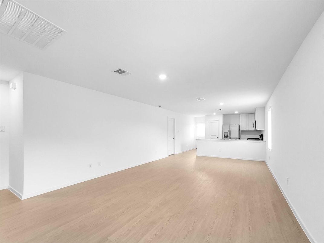 Empty room, Interior, Kitchen, Recessed Lighting, Wood Texture Flooring