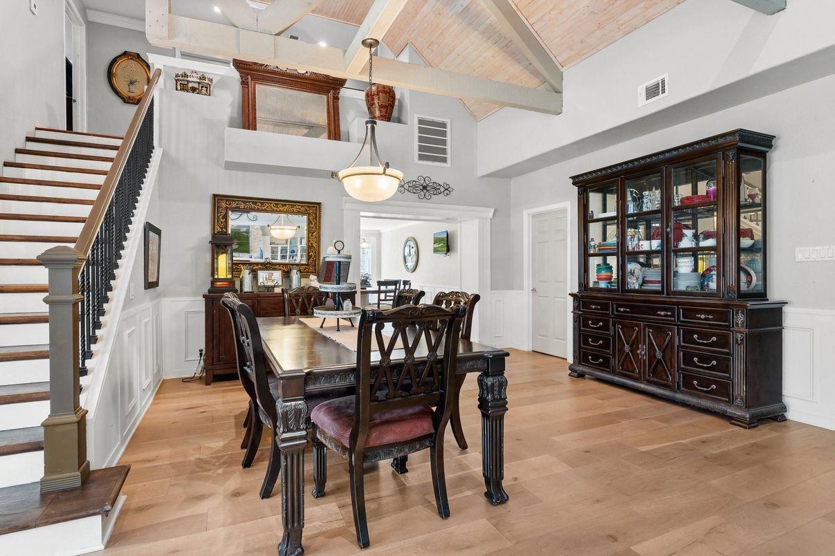 Dining room, Interior, Pendant Lights, Wooden Beams, Wooden Ceilings, Wood Texture Flooring