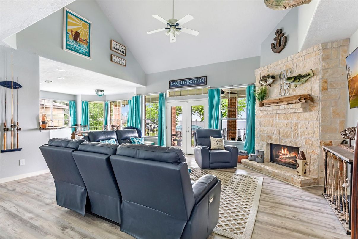 Fireplace, Interior, Living room, Stone Walls, Wood Texture Flooring