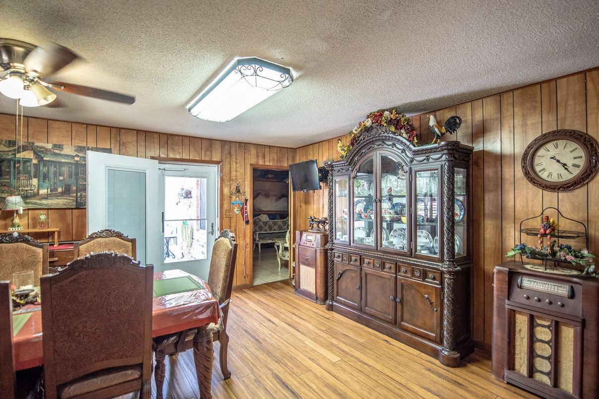 Dining room, Fireplace, Interior, Wood Texture Flooring, Wooden Walls