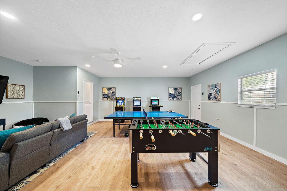 Game Room, Interior, Recessed Lighting, Wood Texture Flooring