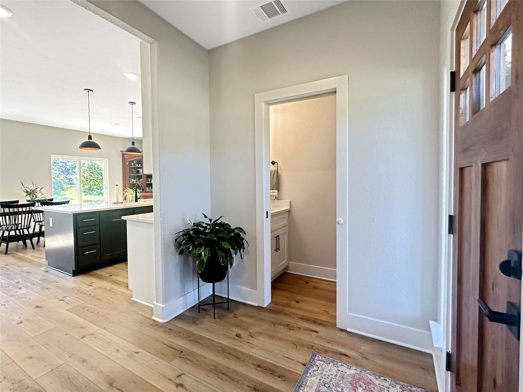 Dining room, Interior, Kitchen, Pendant Lights, Recessed Lighting, Wood Texture Flooring