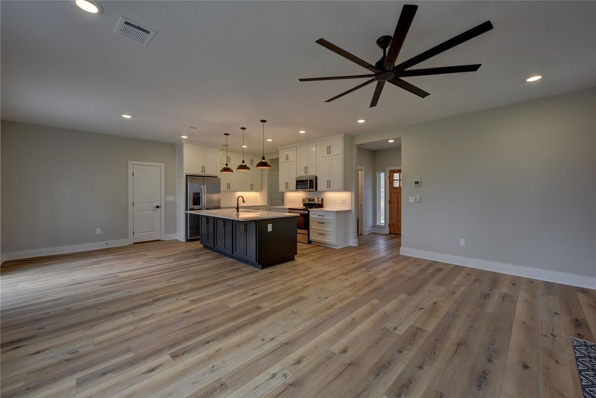 Interior, Kitchen, Pendant Lights, Recessed Lighting, Stainless Steel Appliances, Wood Texture Flooring
