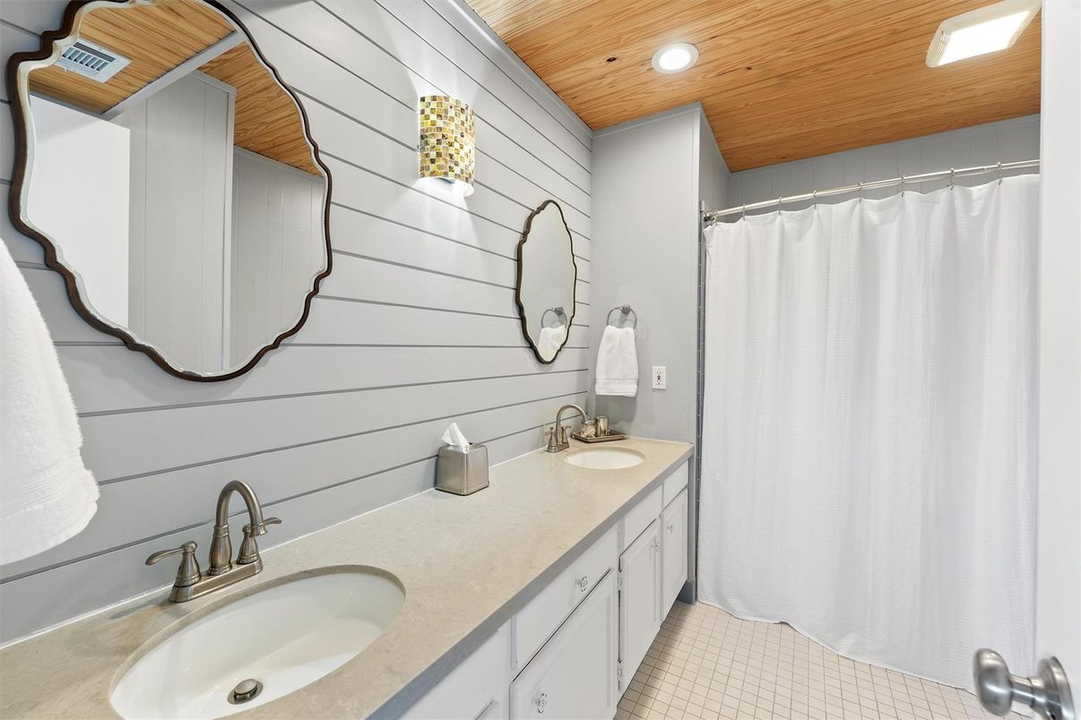 Bathroom, Dual Sink Vanities, Interior, Recessed Lighting, Wooden Ceilings
